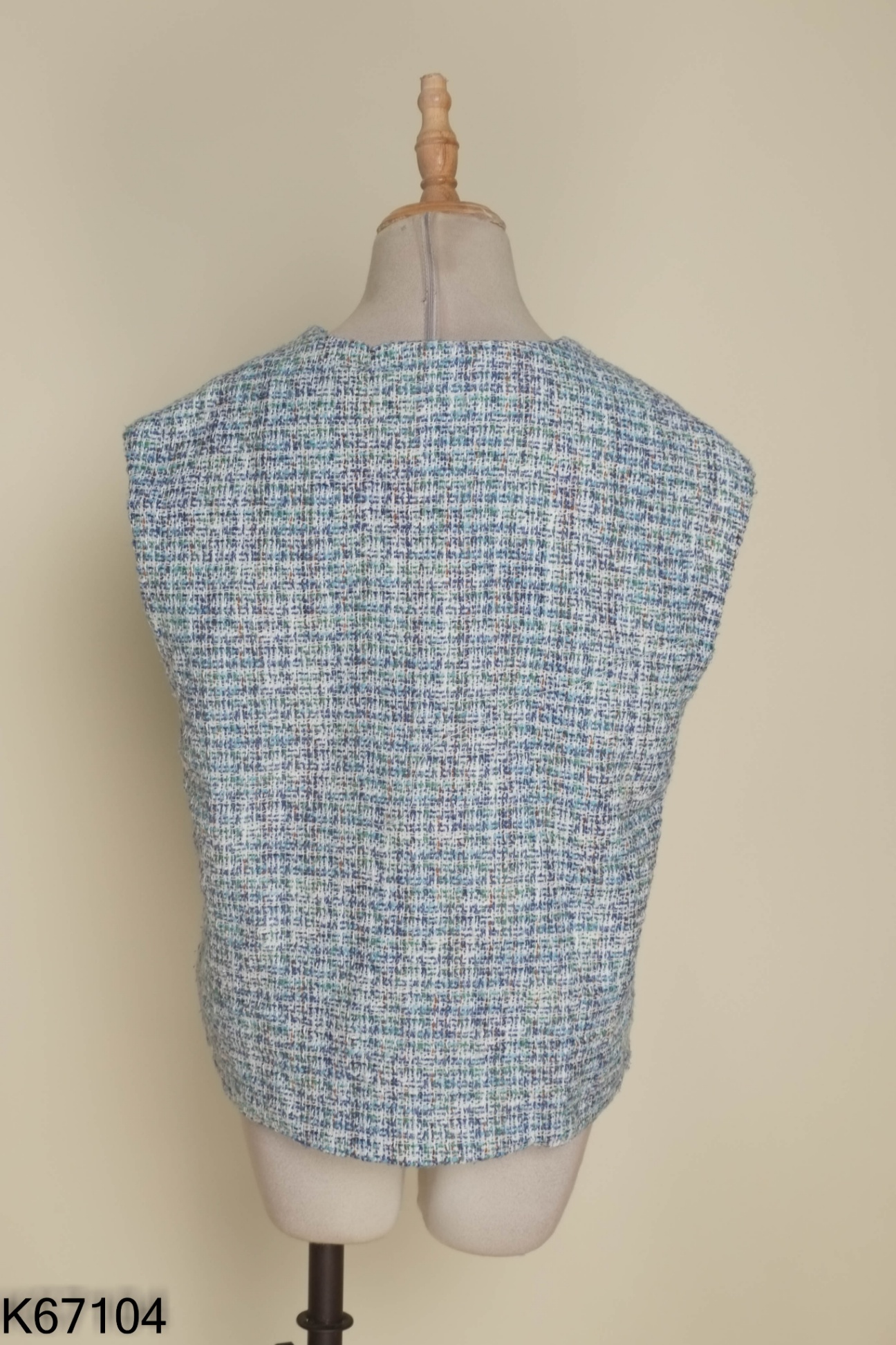 Áo gile dạ tweed xanh mix trắng cổ V