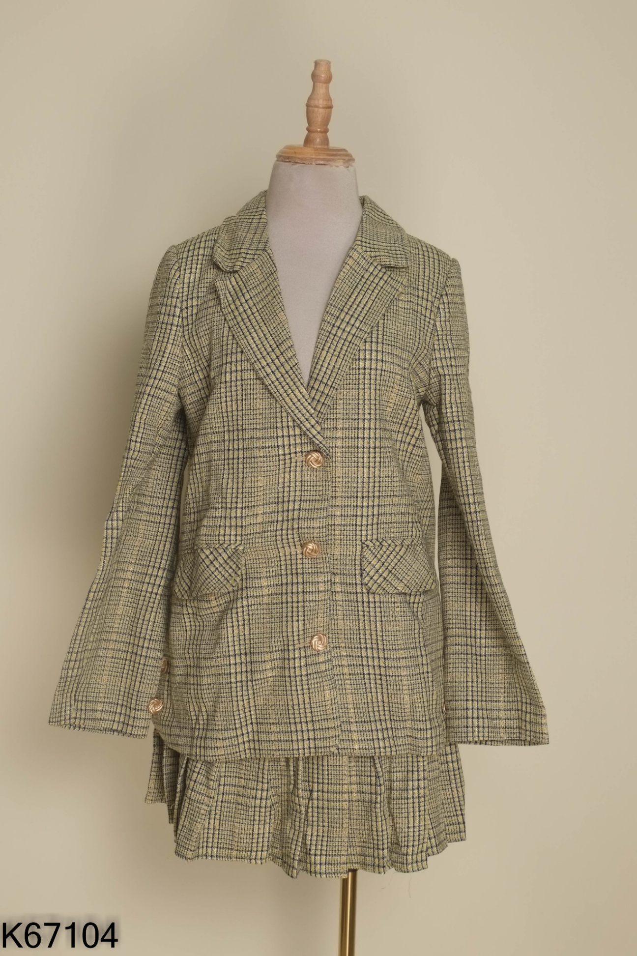 Set Áo blazer dạ tweed xanh cốm kẻ đen + chân váy