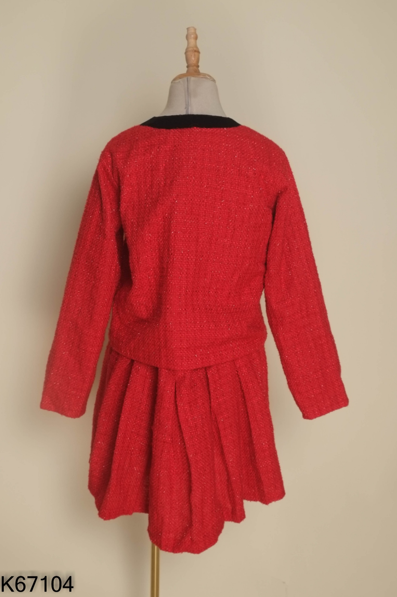 Set Áo khoác dạ tweed đỏ viền đen + chân váy