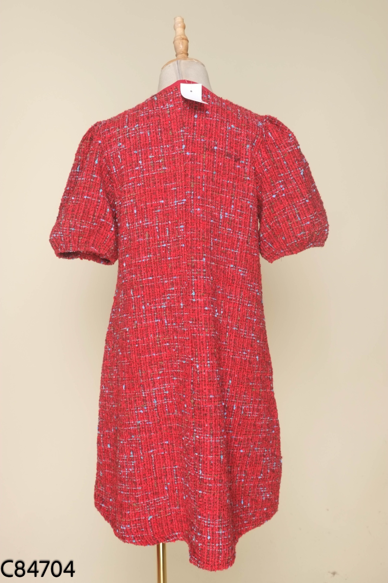 Váy dạ tweed đỏ mix màu phối voan cổ