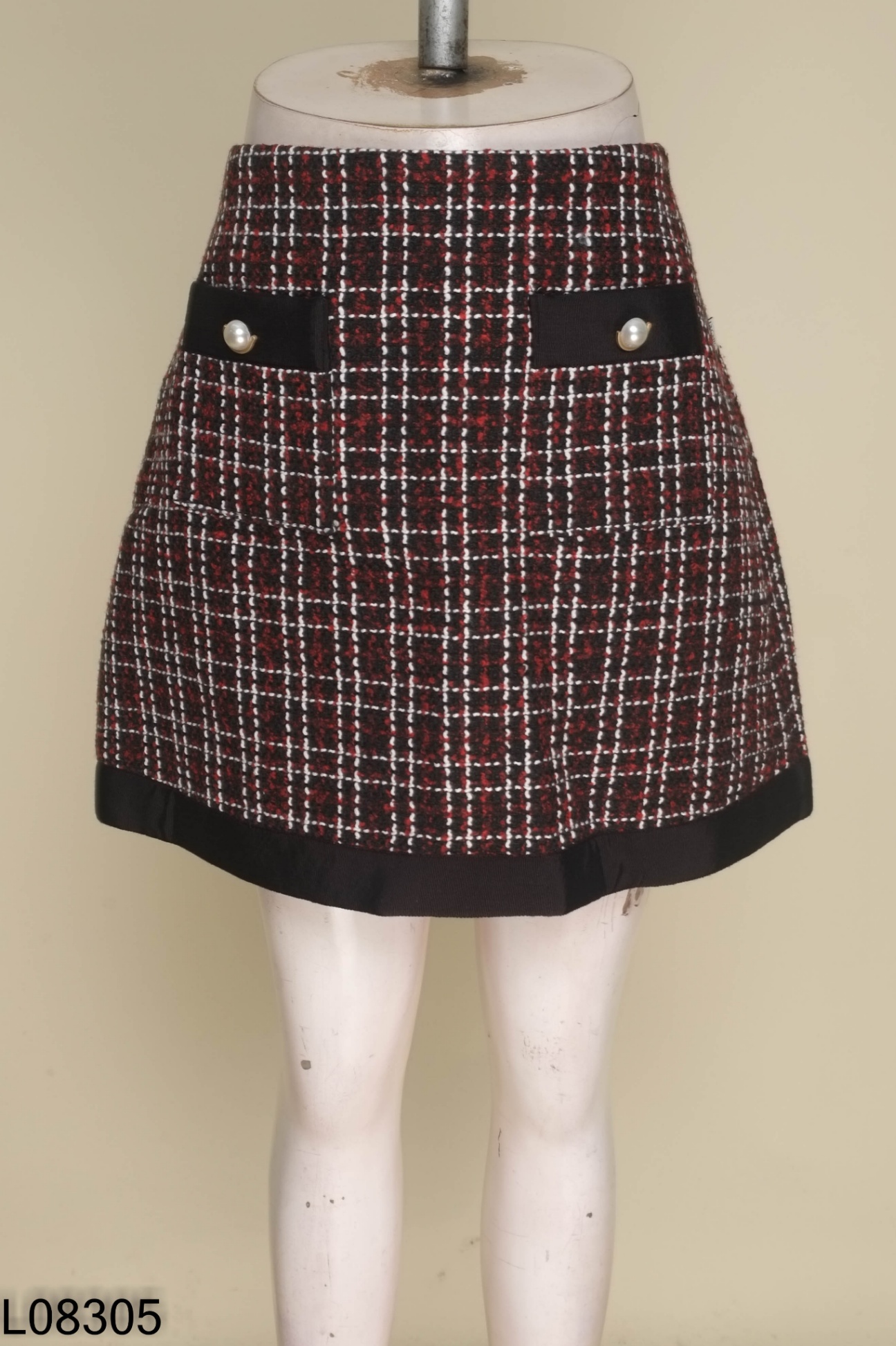 NEWTAG Chân váy dạ tweed đỏ mix màu D.CHIC