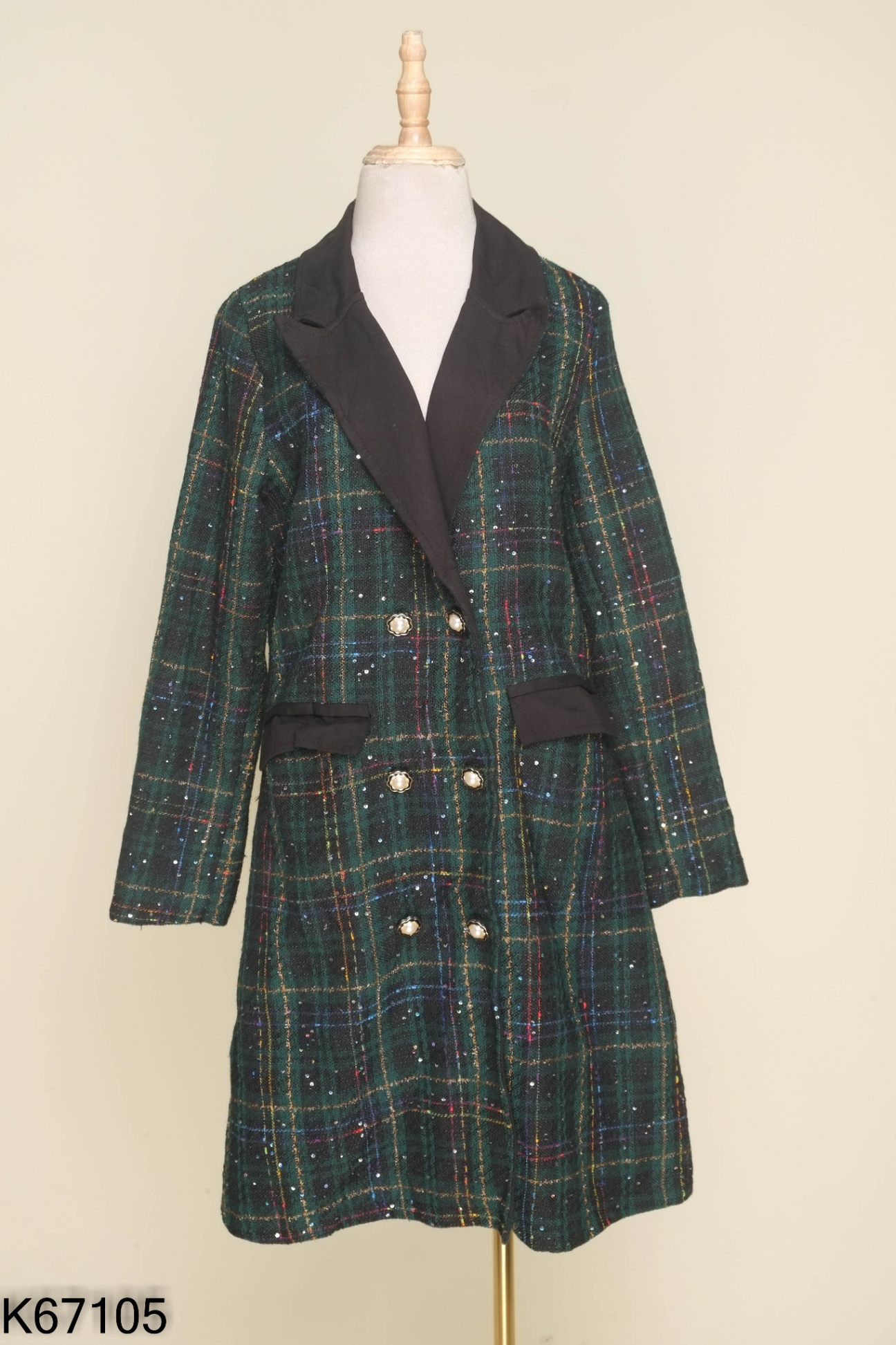 Váy dạ xanh kẻ cổ vest