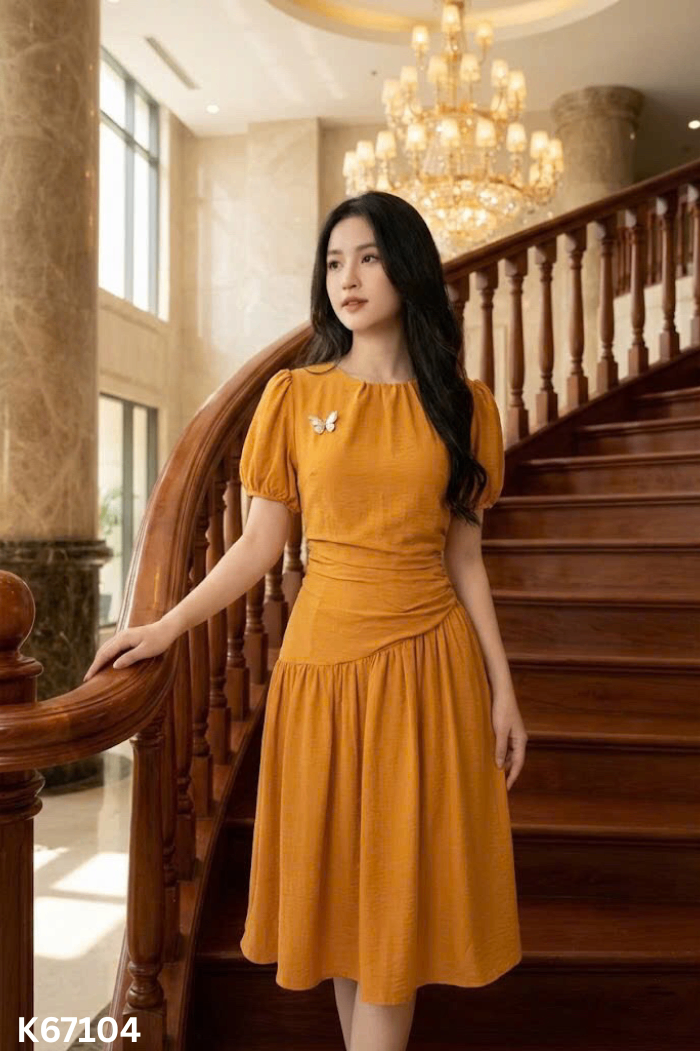 Váy vàng bò cổ tròn nhún eo