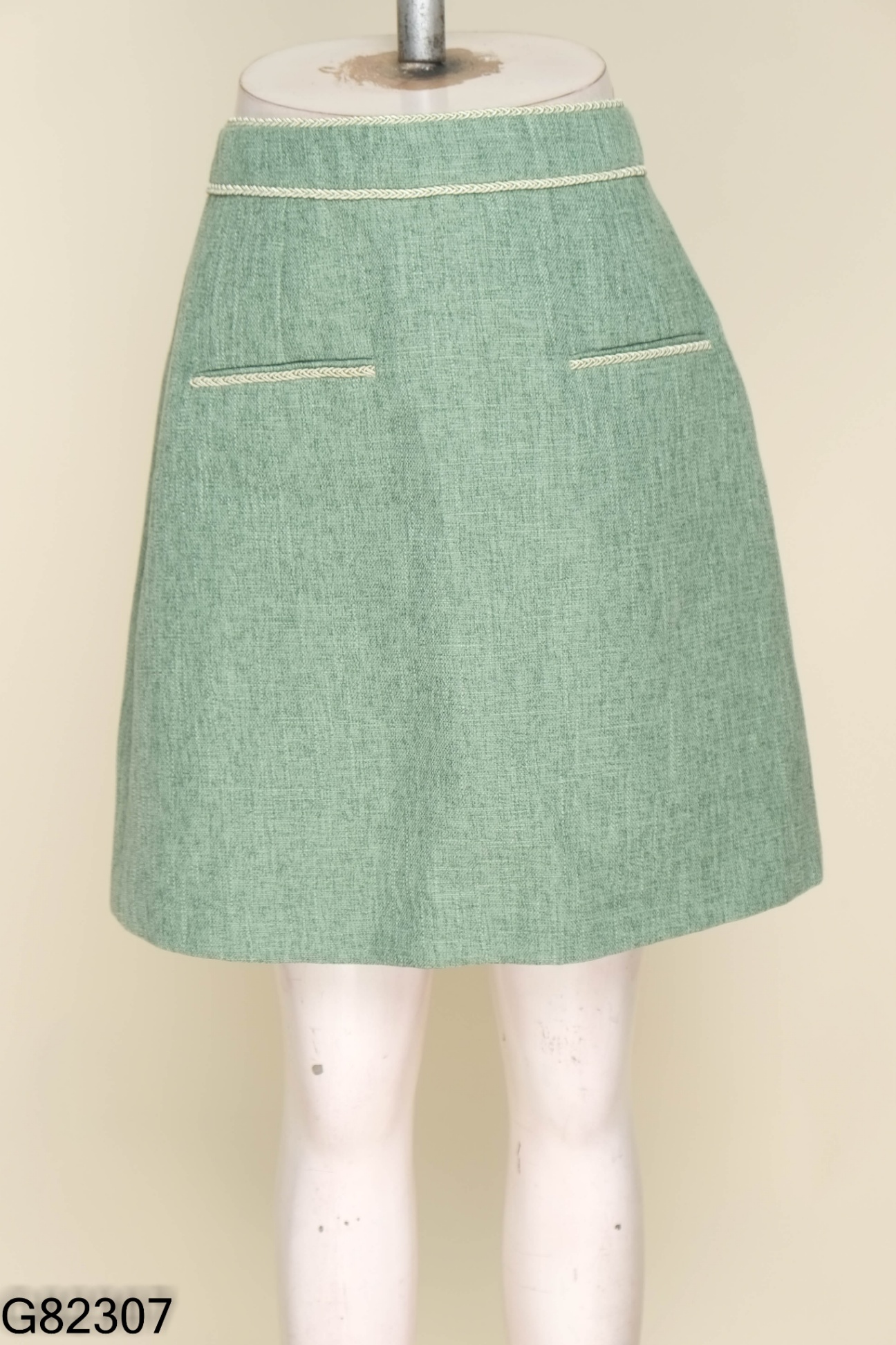 Chân váy dạ tweed xanh phối viền