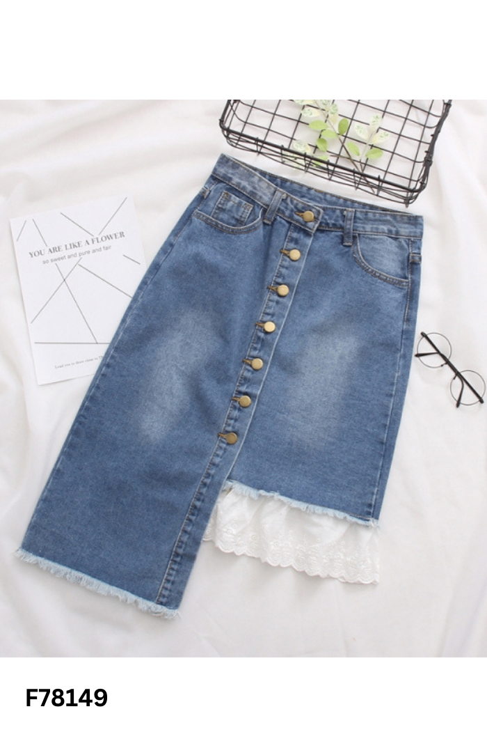 Chân váy jeans xanh phối bèo trắng