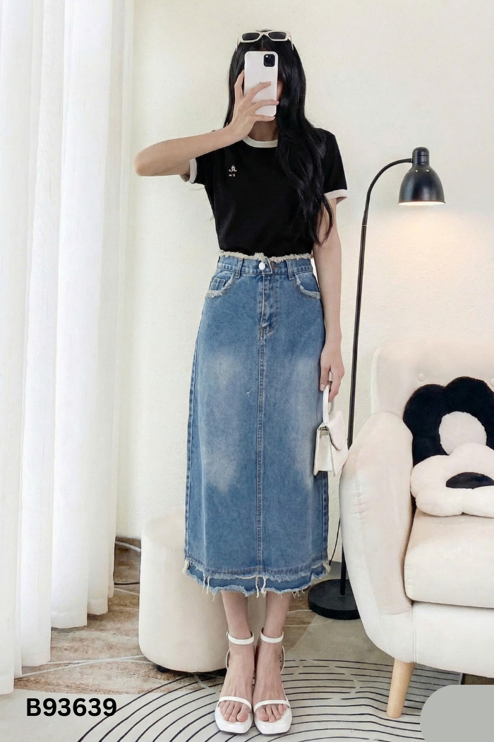 NEW Chân váy jeans xanh tua rua