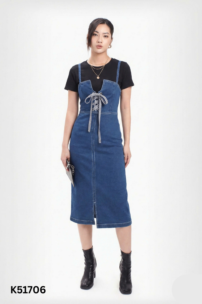 SET áo crotop đen + yếm jeans xanh