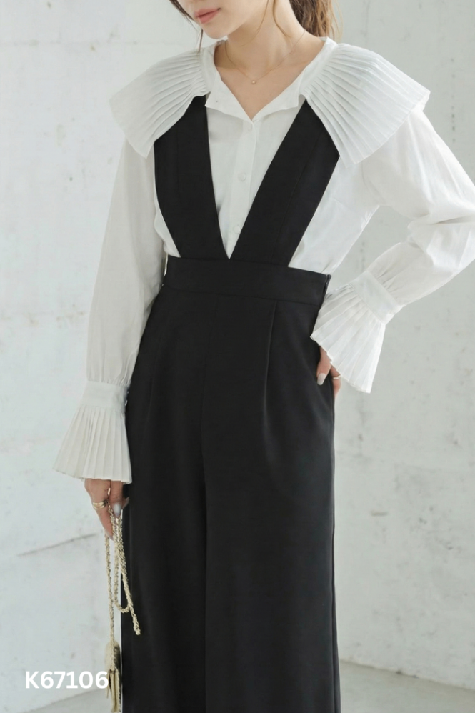 Set áo sơ mi trắng + jumpsuit đen