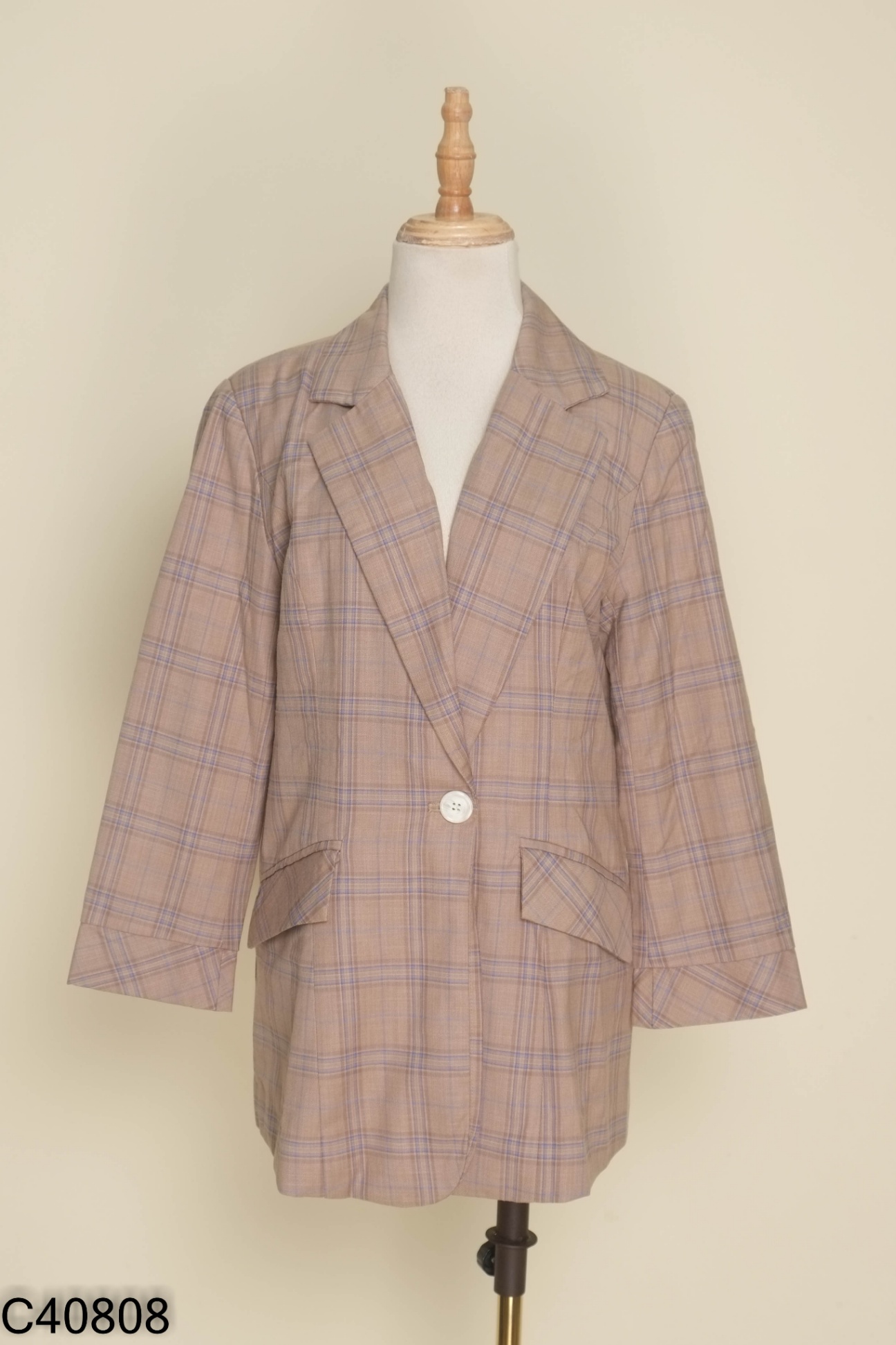 Áo khoác vest xám kẻ xanh