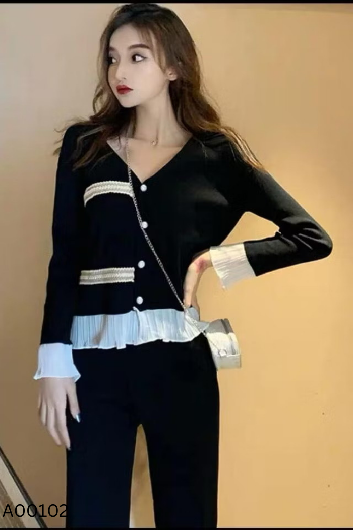 Áo cadigan len đen viền trắng