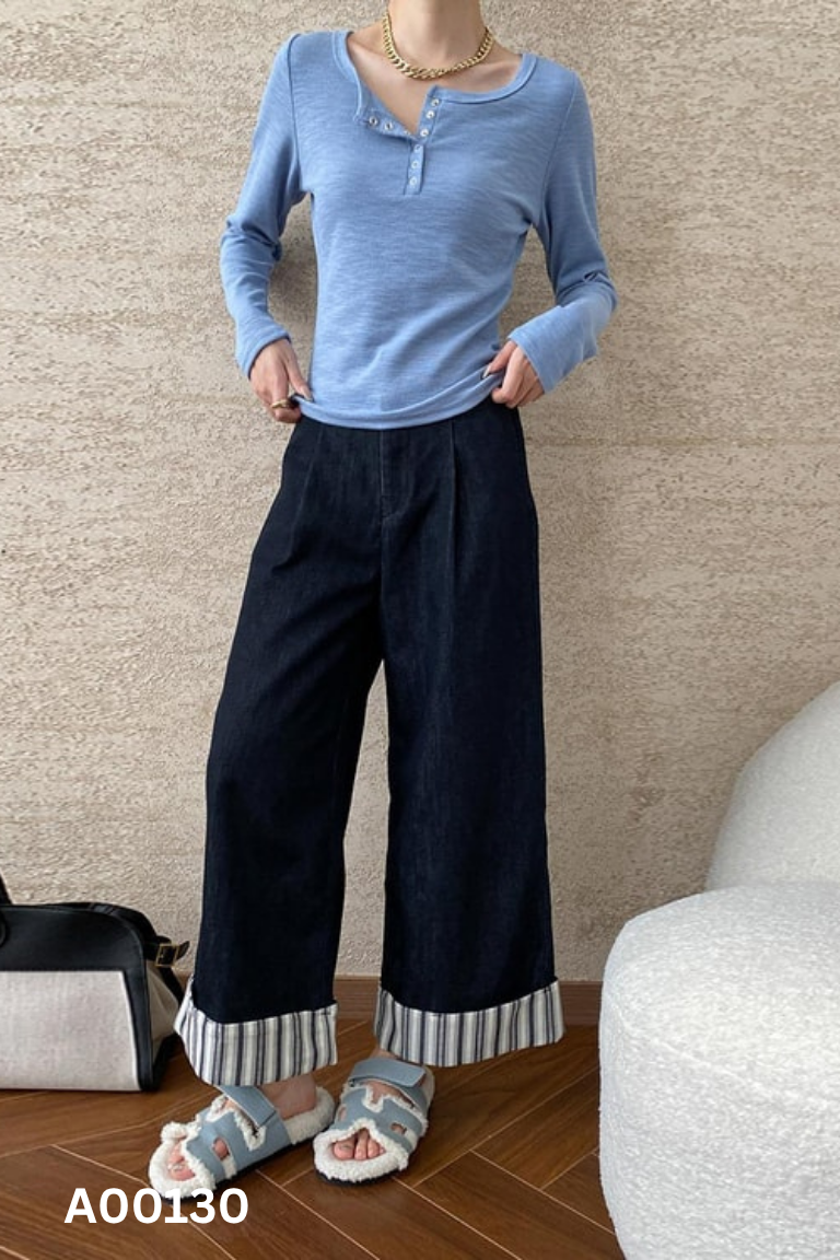 Quần jeans xanh đen gấp gấu