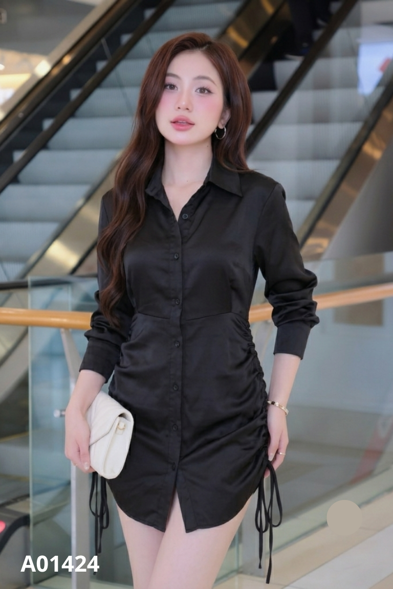 Váy lụa đen rút dây