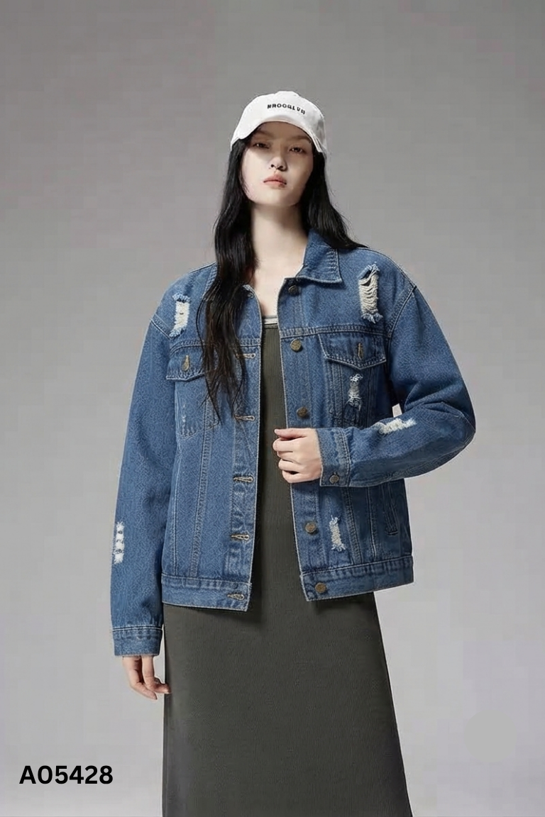 Áo khoác jeans xanh viền rua