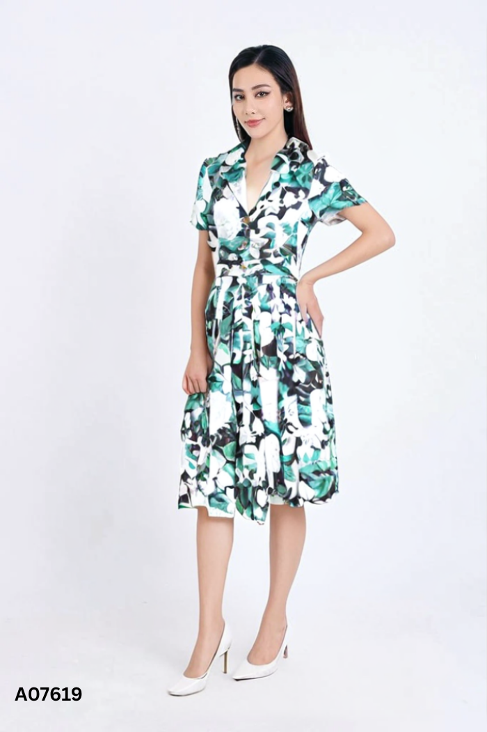 Set lụa đen hoa trắng xanh áo + chân váy
