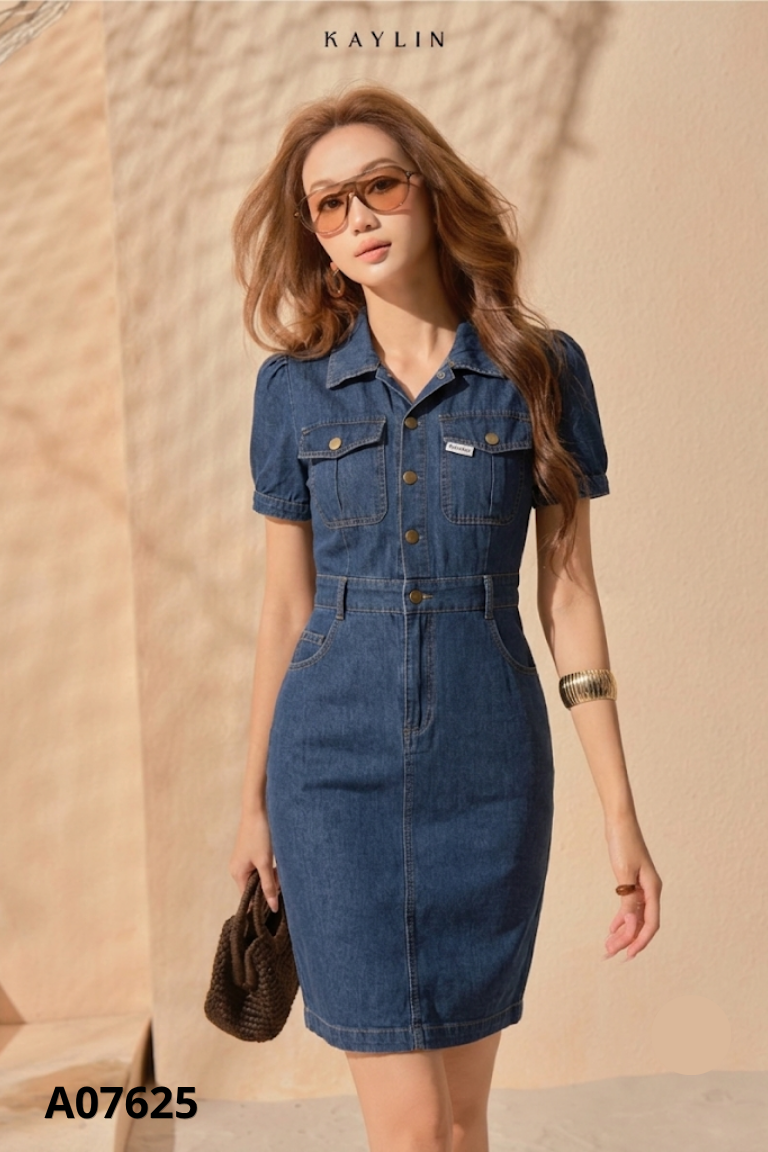 Váy jeans xanh cổ sơ mi