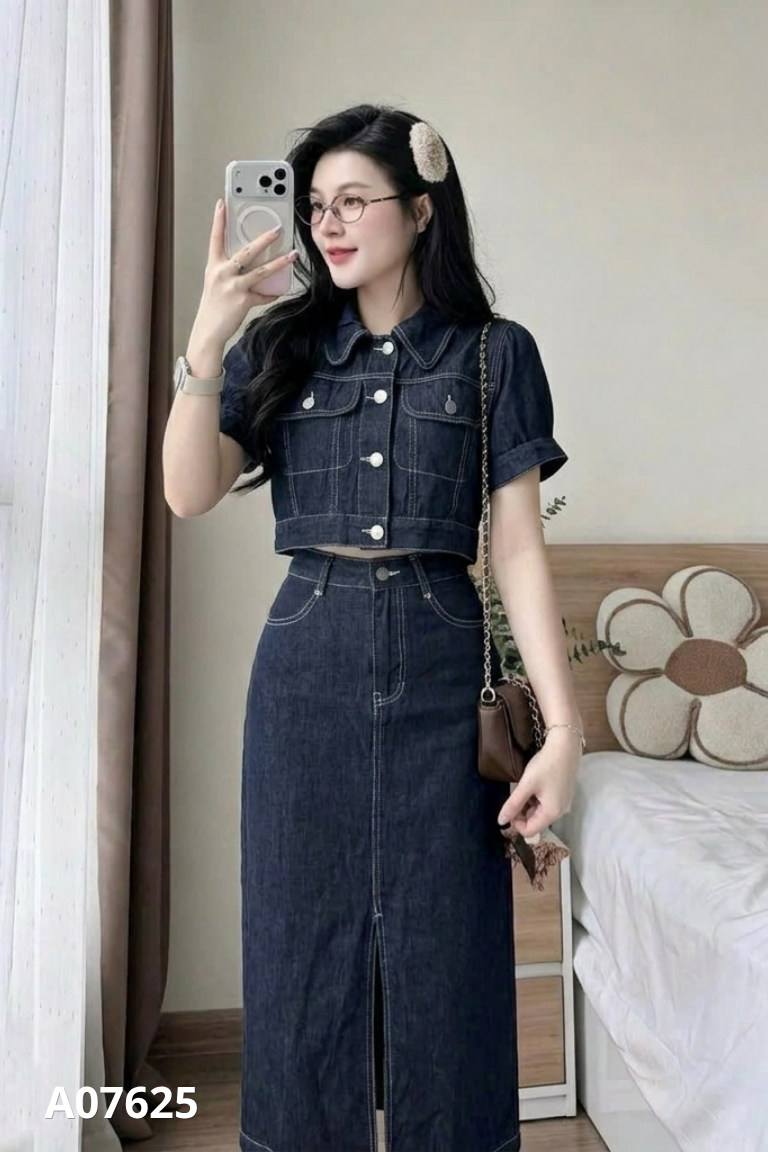 Set jeans xanh áo cổ sơ mi + chân váy