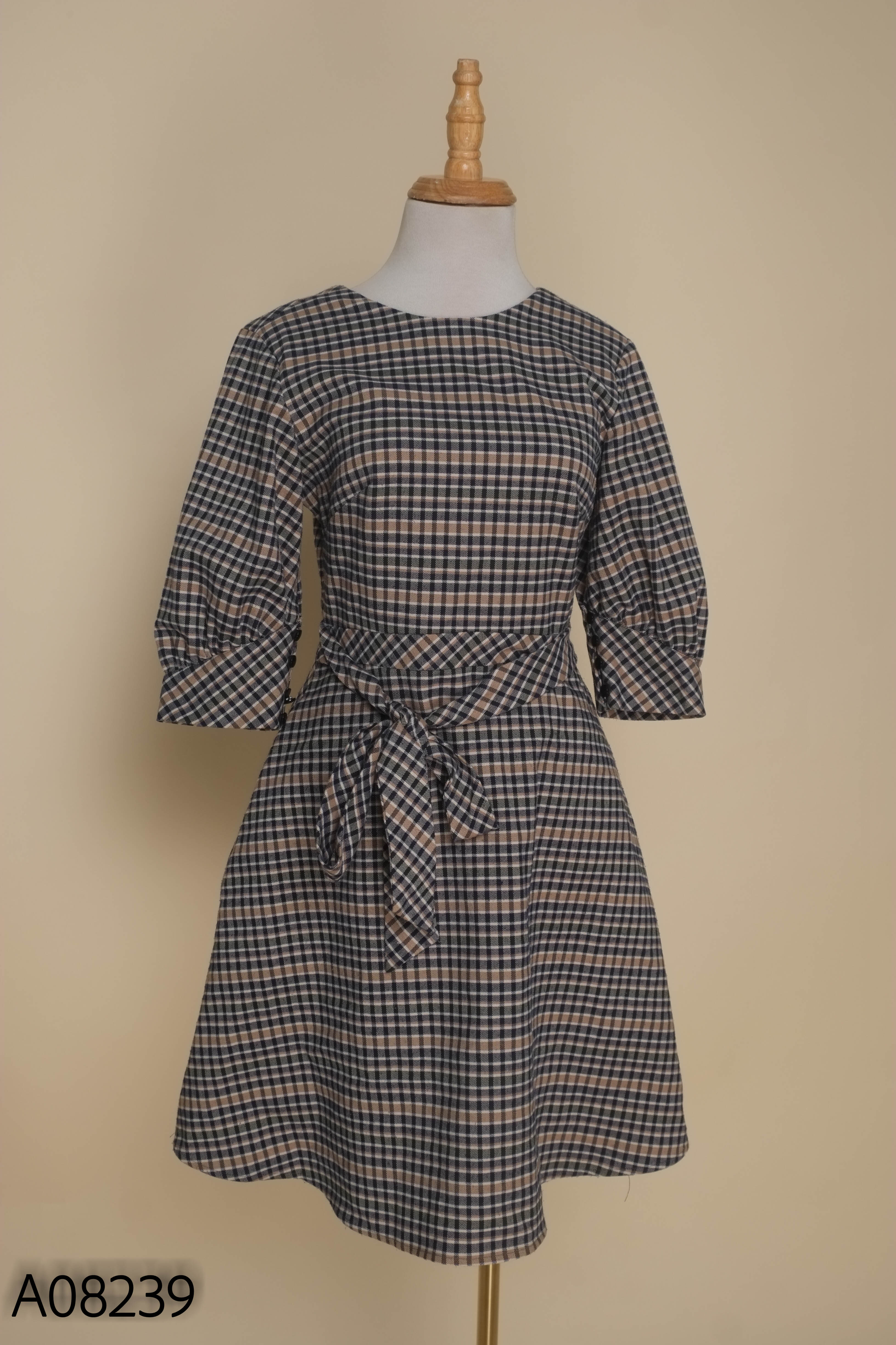 Váy nâu kẻ JM DRESS buộc eo