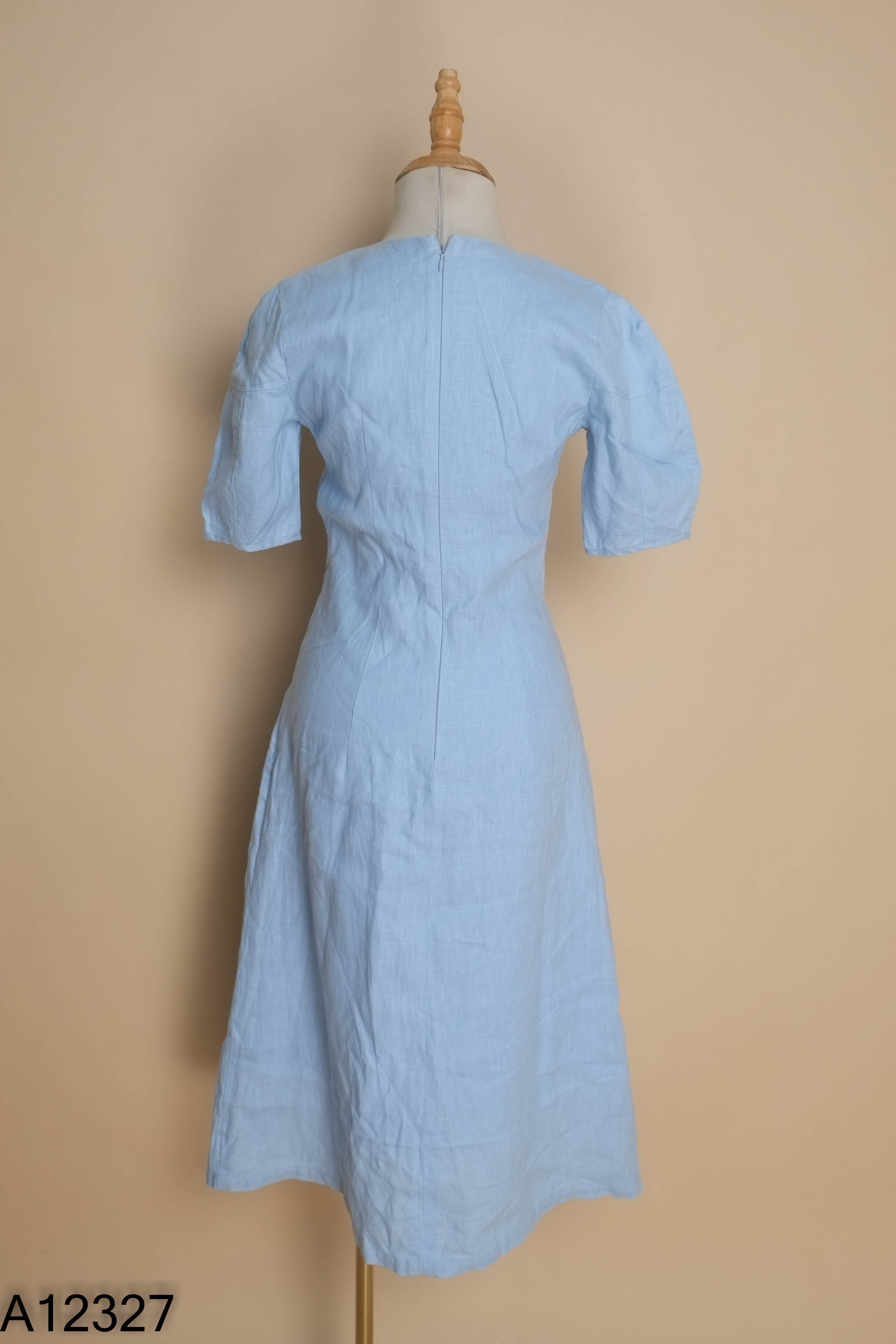 Váy linen xanh FLEURIE dúm eo
