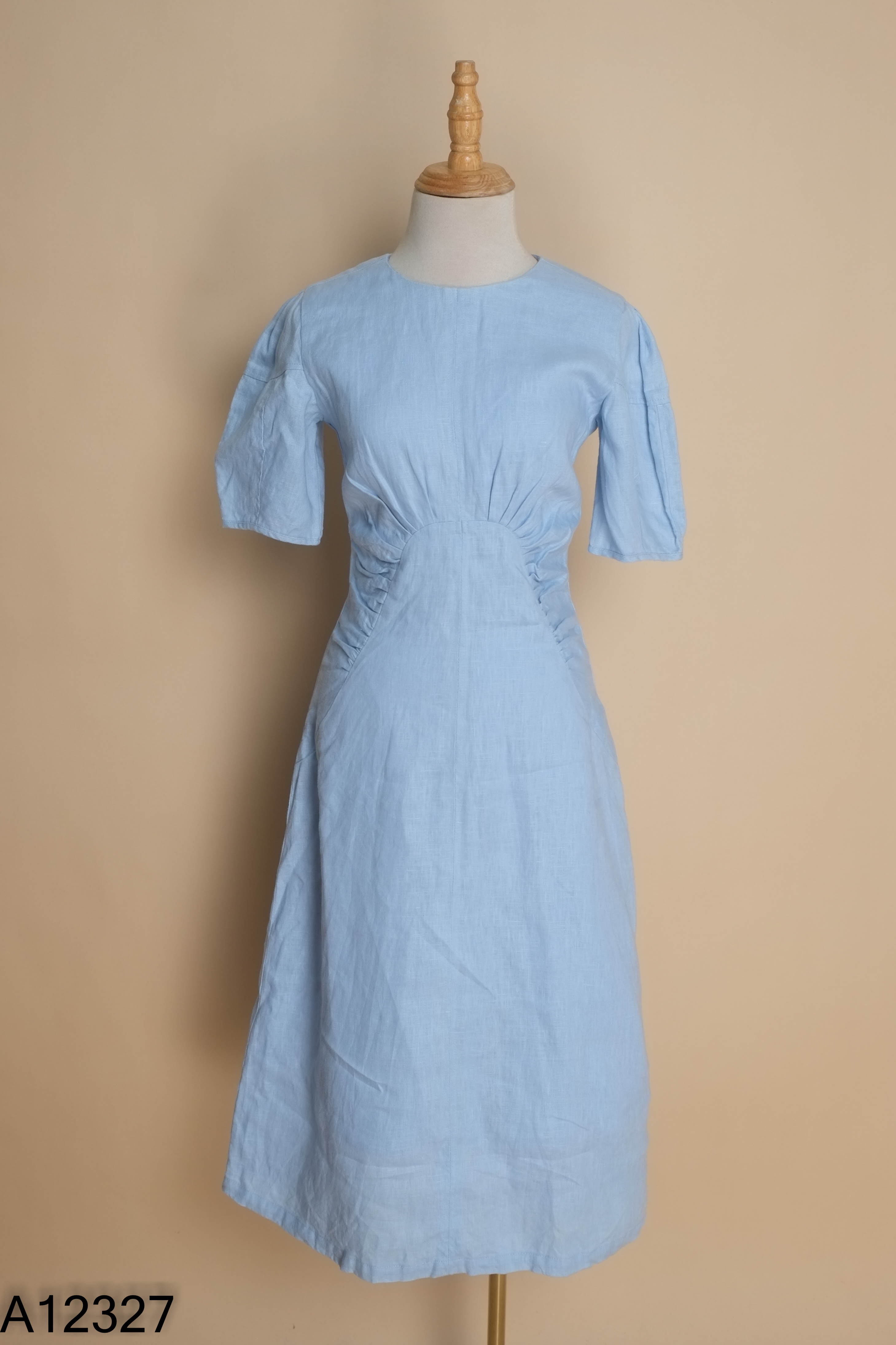 Váy linen xanh FLEURIE dúm eo