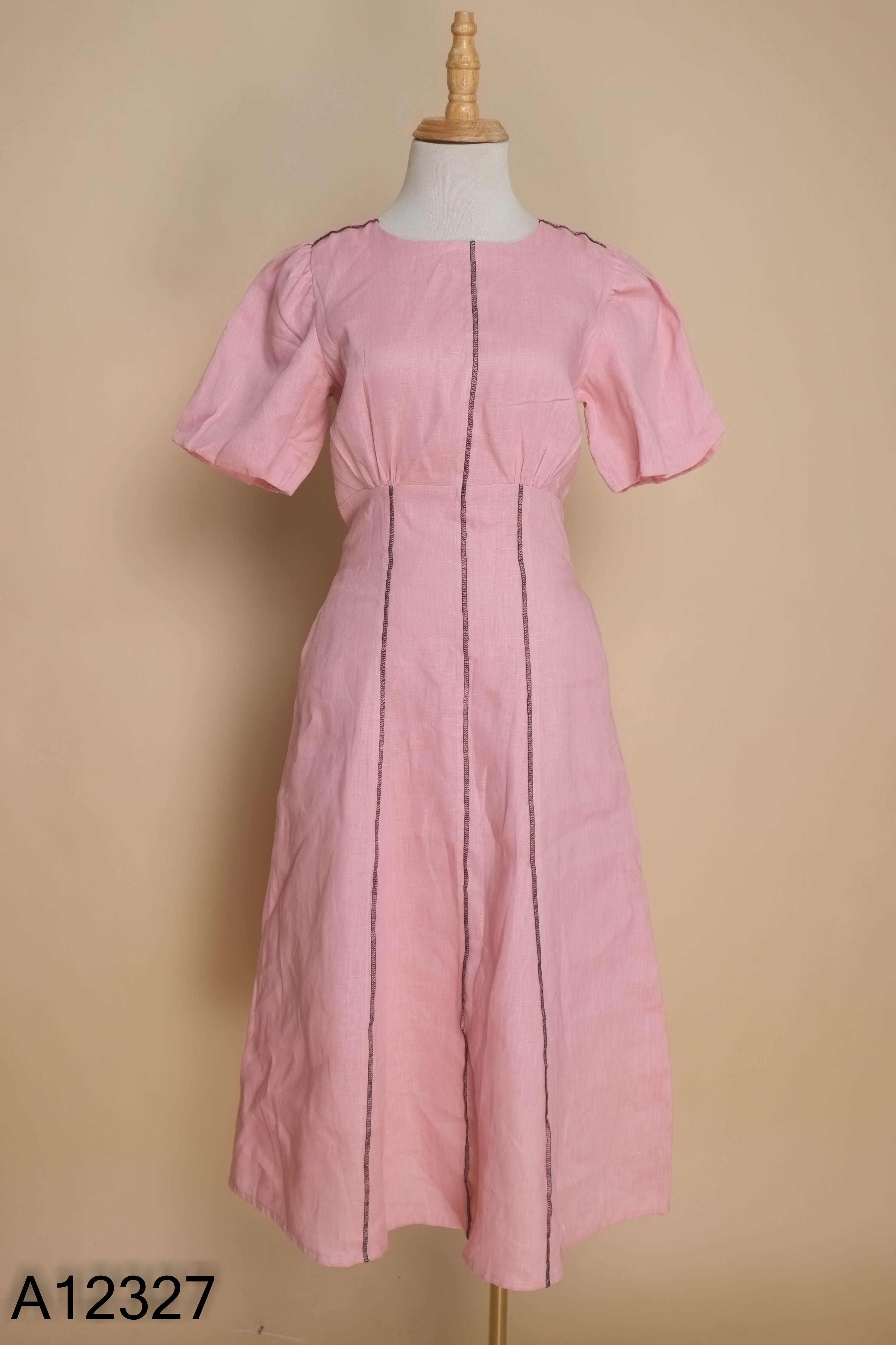 Váy linen hồng FLEURIE viền chỉ đen