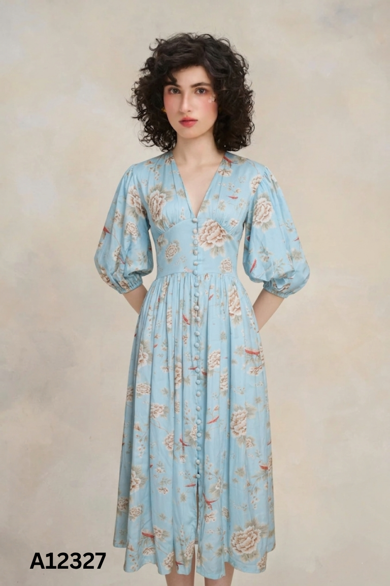 NEWTAG Váy lụa xanh hoa EM WEAR buộc eo