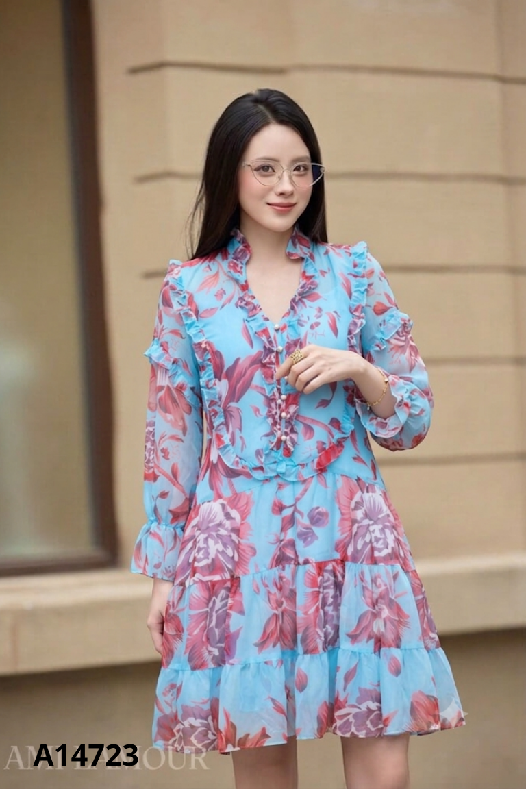 NEWTAG Váy LINCI COUTURE voan xanh họa tiết hoa