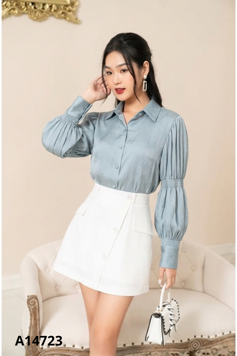 Áo 20AGAIN sơ mi lụa xanh