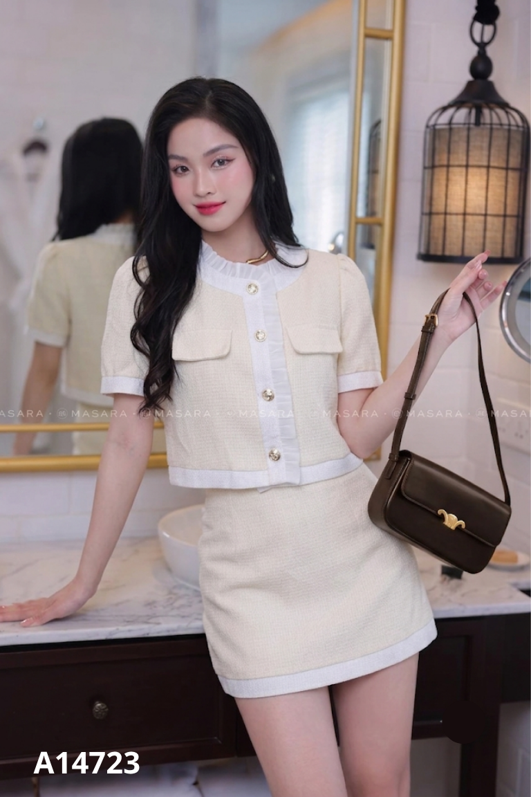 Set be viền trắng áo kiểu + chân váy