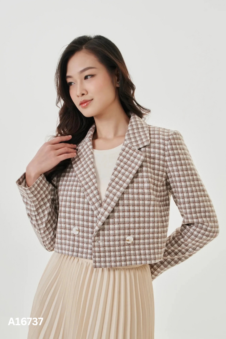 Áo dạ xám kẻ nâu CANIFA kiểu vest croptop