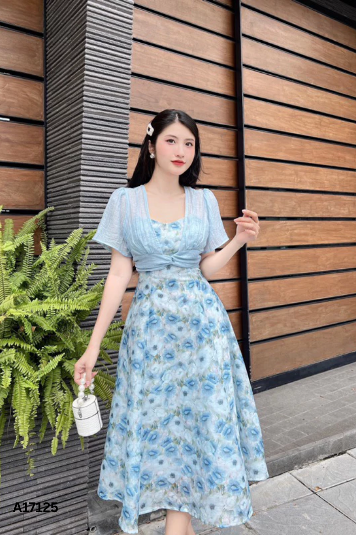 Váy xanh hoa HOA DESIGN xoắn ngực