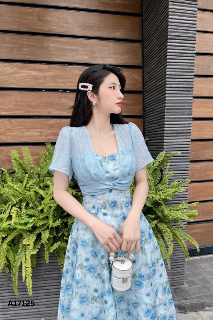 Váy xanh hoa HOA DESIGN xoắn ngực