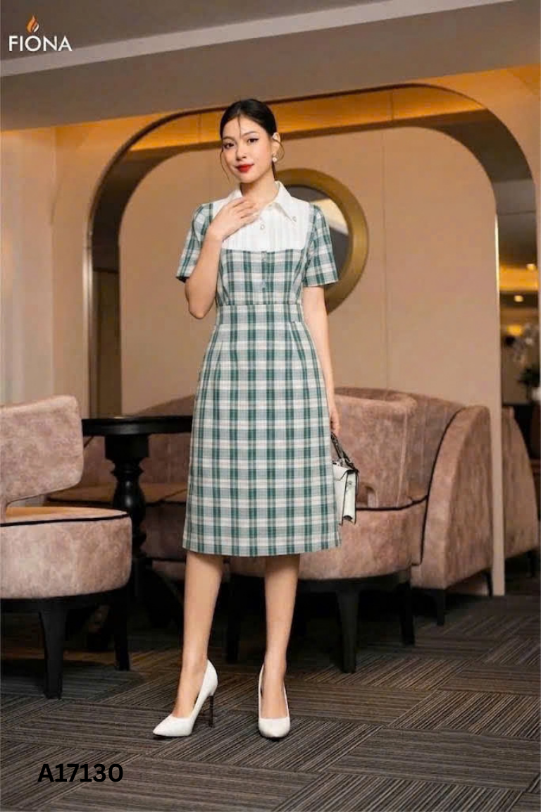 Set xanh kẻ caro be áo kiểu + chân váy