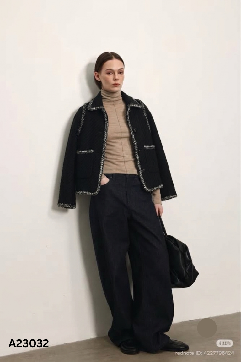 Áo dạ tweed đen viền tua rua