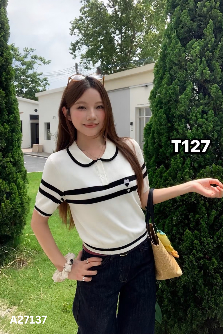 Áo len kem kẻ xanh DELIZ VN cộc tay