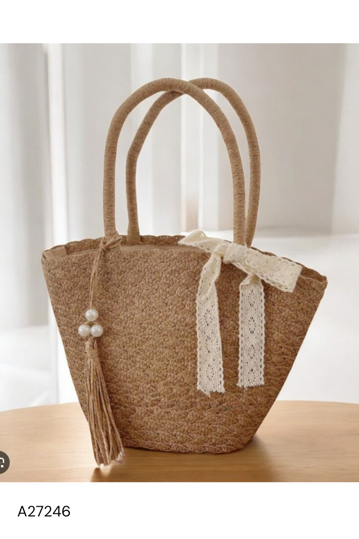 Túi cói nâu be phối nơ