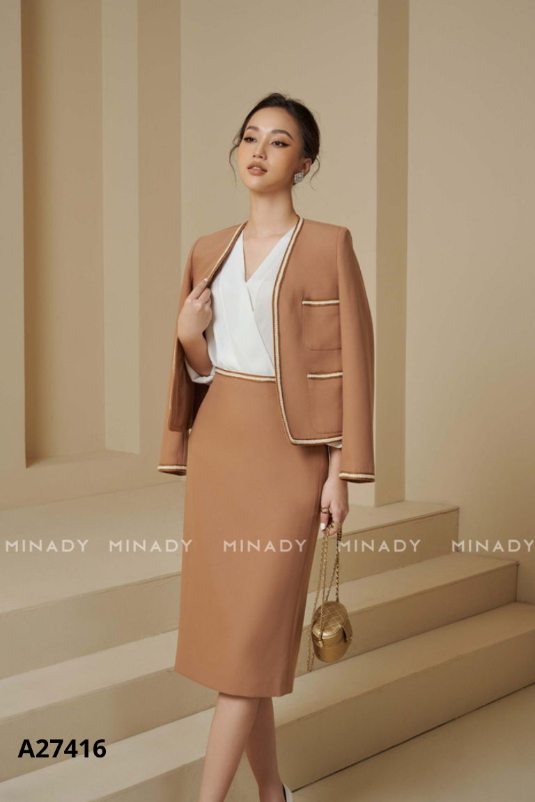 Set Áo nâu MINADY dáng vest viền be + chân váy