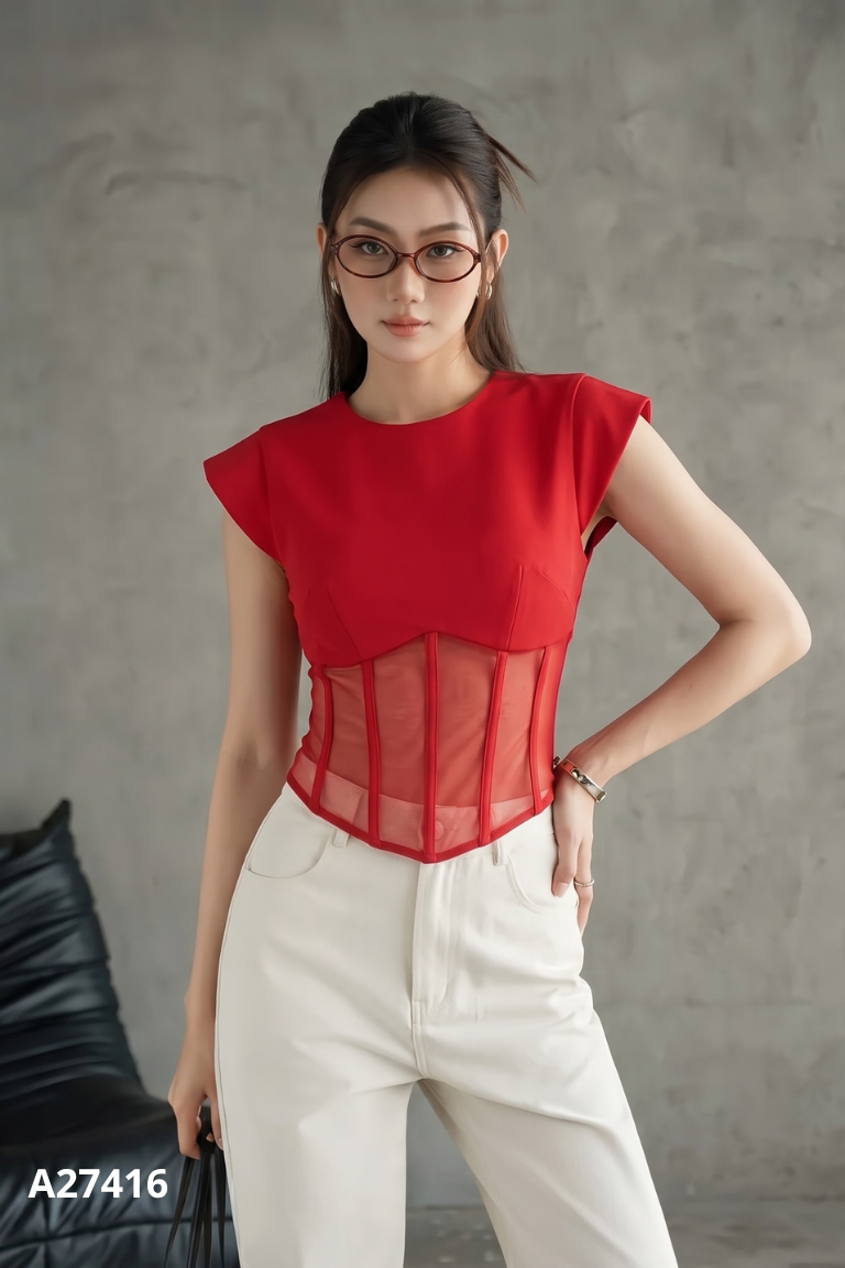 Áo đỏ CHAMY GABY phối lưới