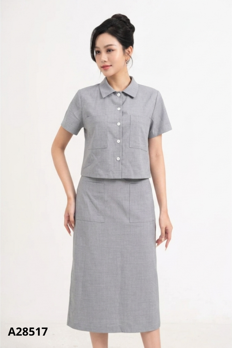 Set Áo xám cổ vest ngắn + Chân váy nhỡ