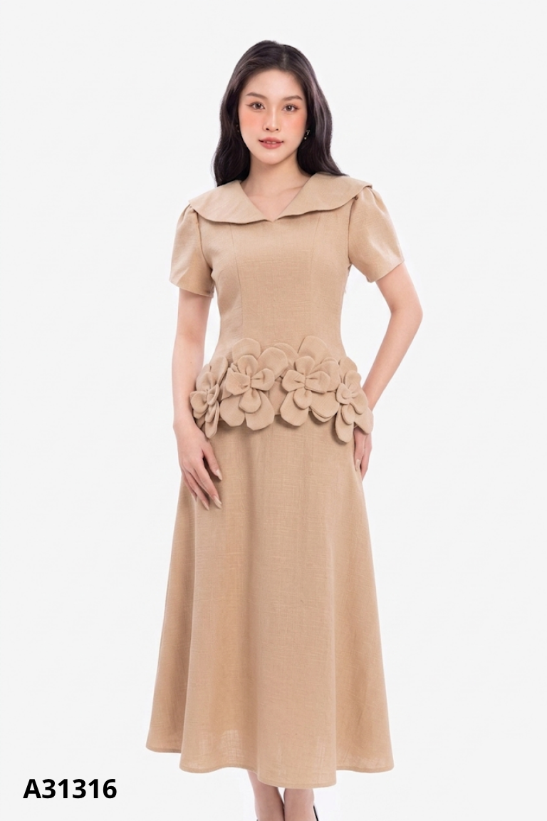 Áo nâu tay bồng đính hoa