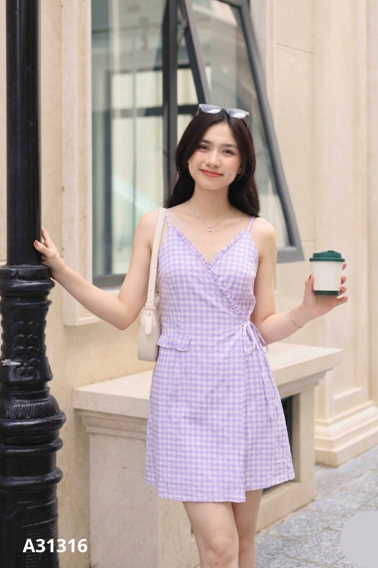 Váy MAYBI tím hai dây kẻ caro