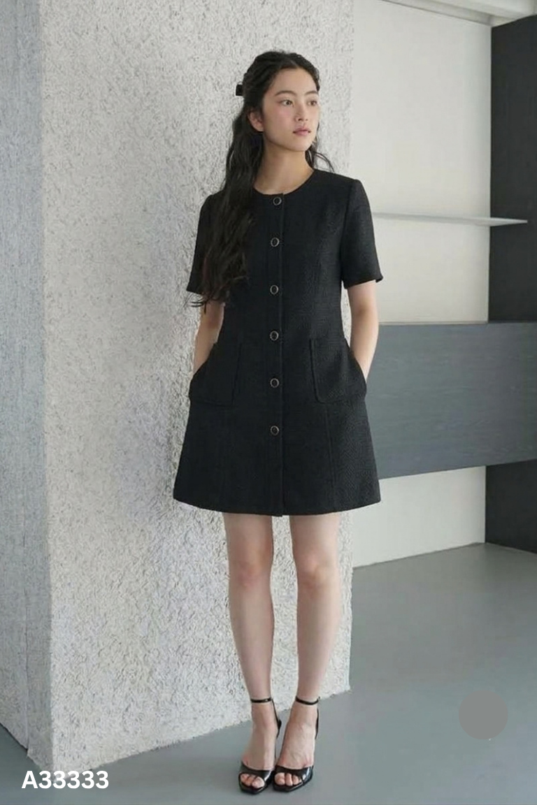 Váy dạ đen BE ngắn tay phối cúc