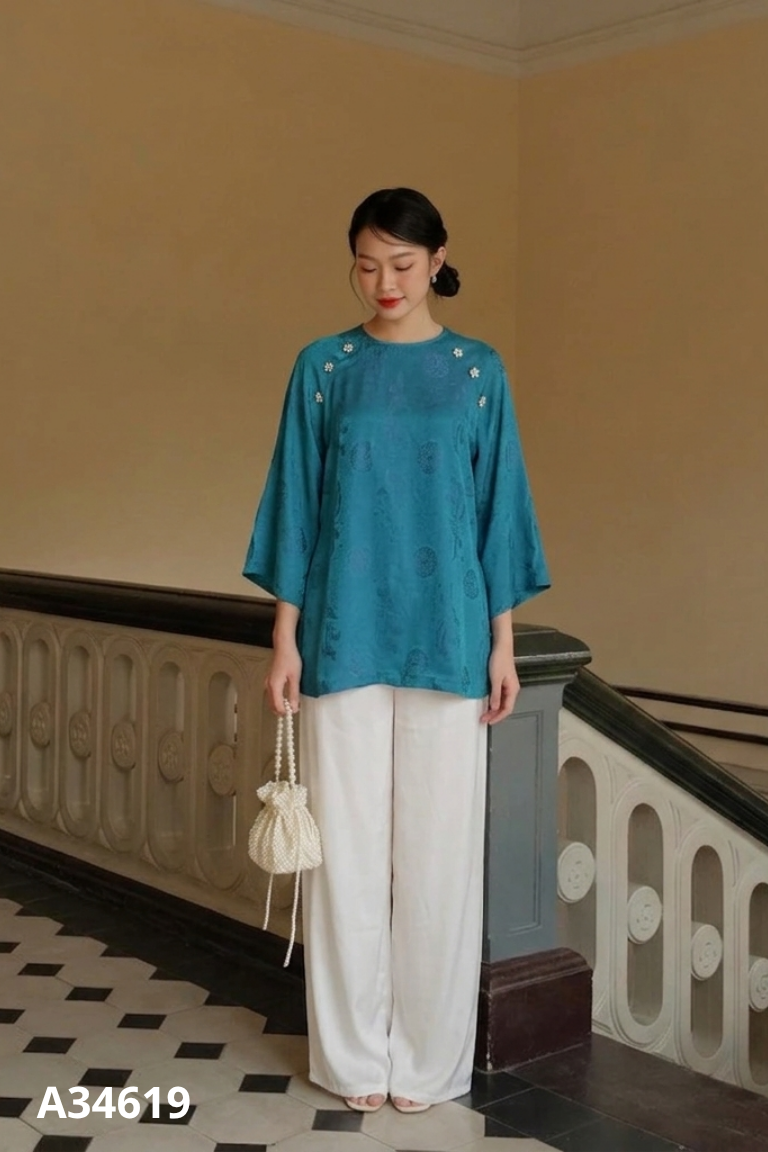 Set Áo tơ tằm xanh đính đá + quần