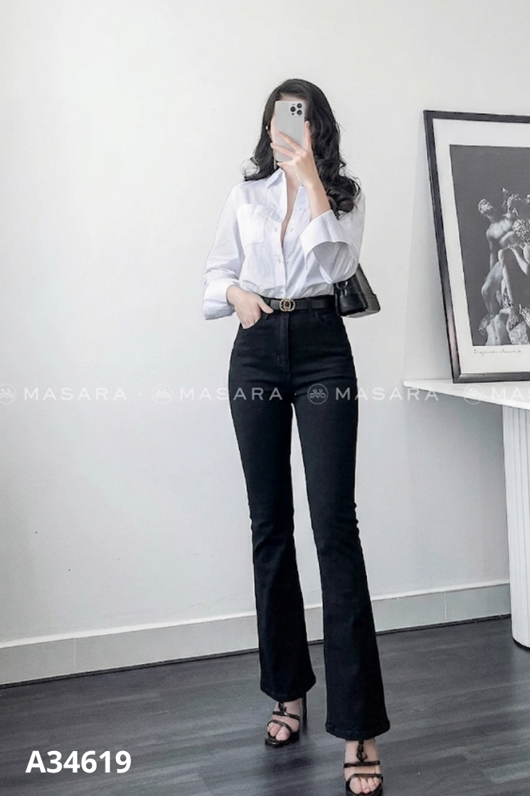 Quần jeans đen trơn dáng loe