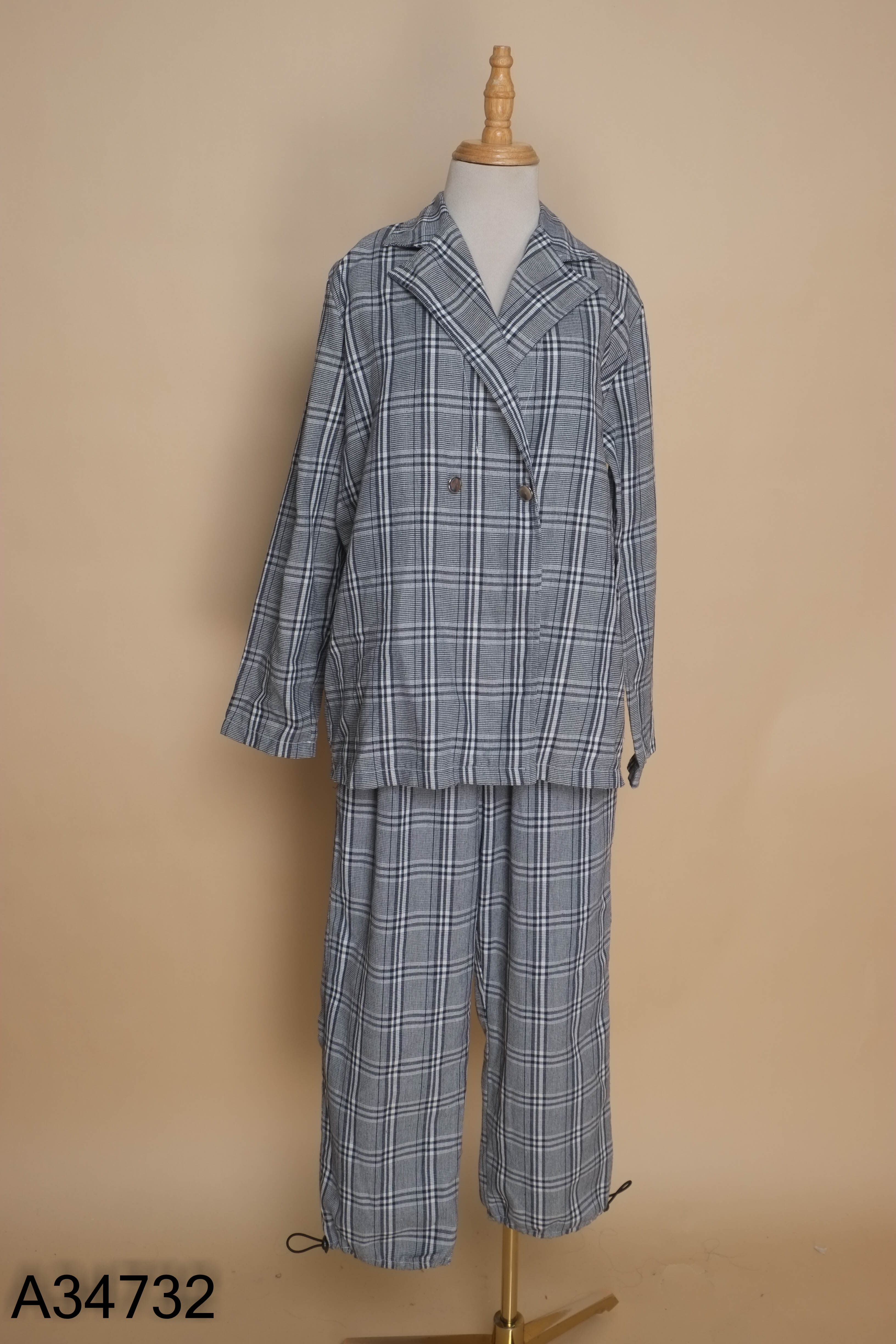 Set áo blazer + quần dài xanh caro