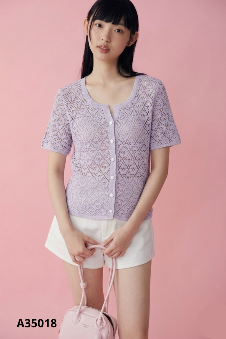 Áo cardigan tím đan lưới cộc tay