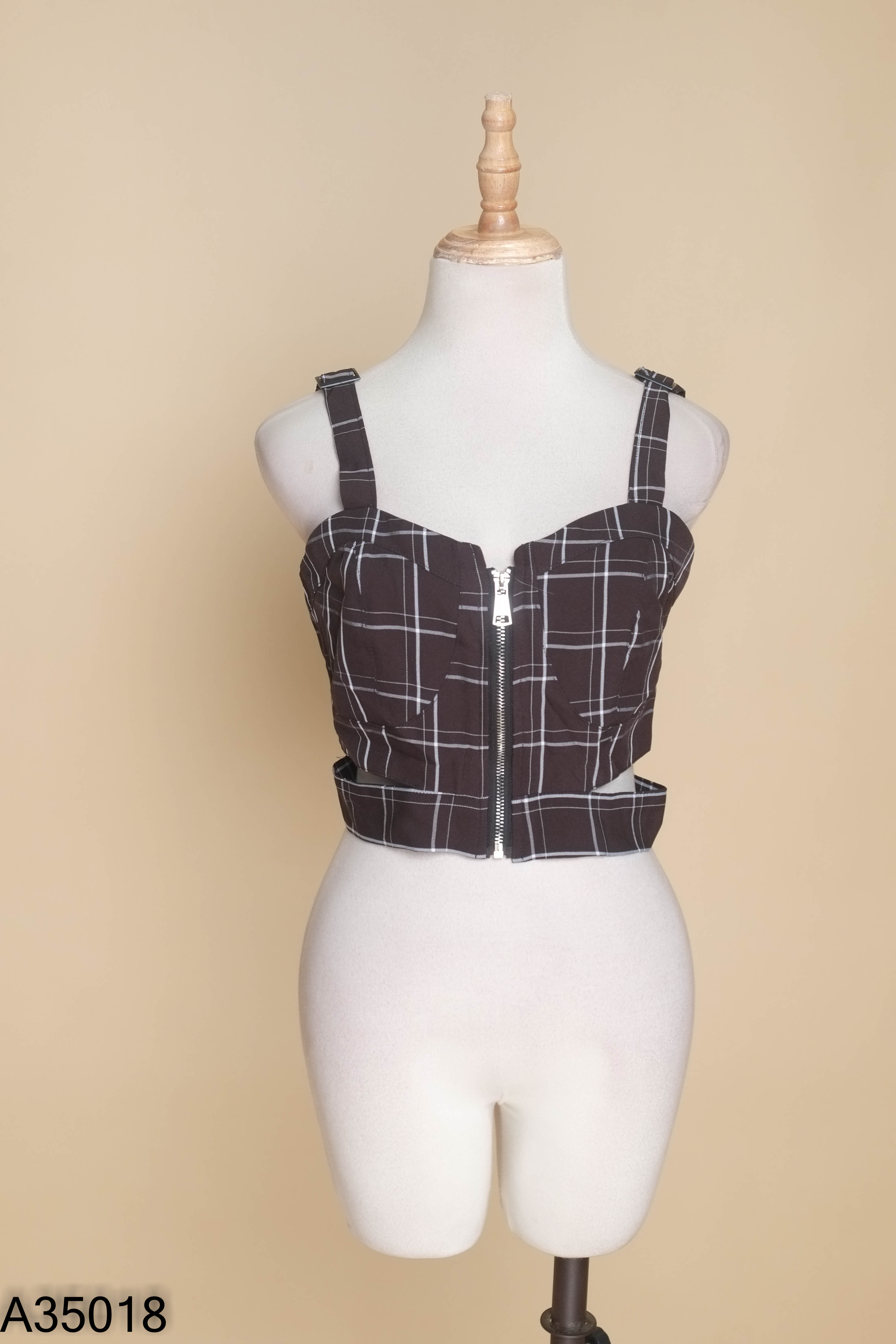 Áo croptop đen kẻ trắng hai dây kéo khóa