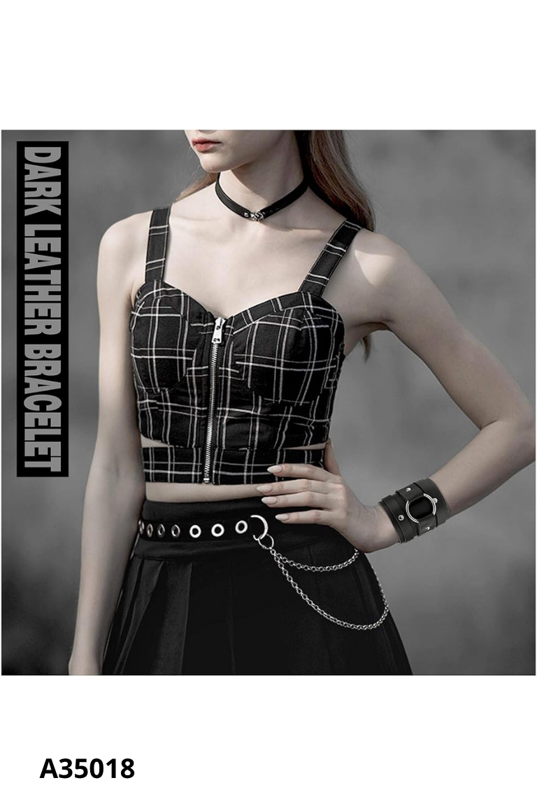 Áo croptop đen kẻ trắng hai dây kéo khóa