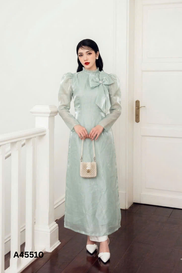 Áo dài organza xanh phối nơ
