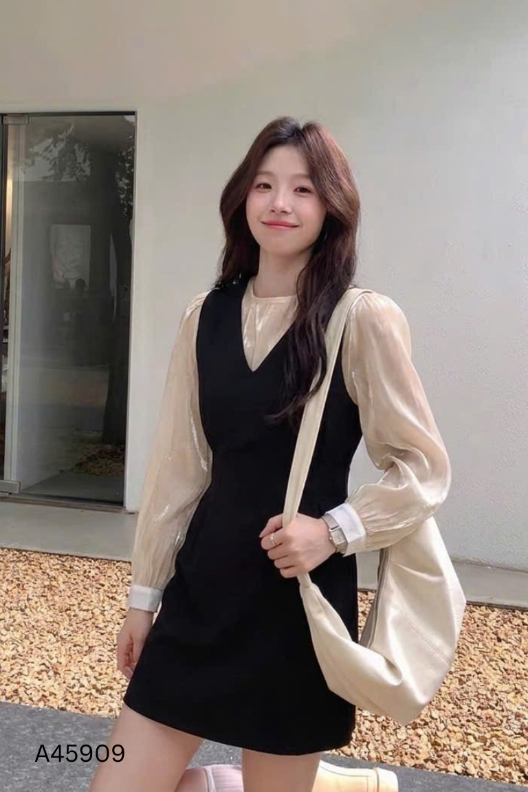 Set áo organza be + yếm dạ đen