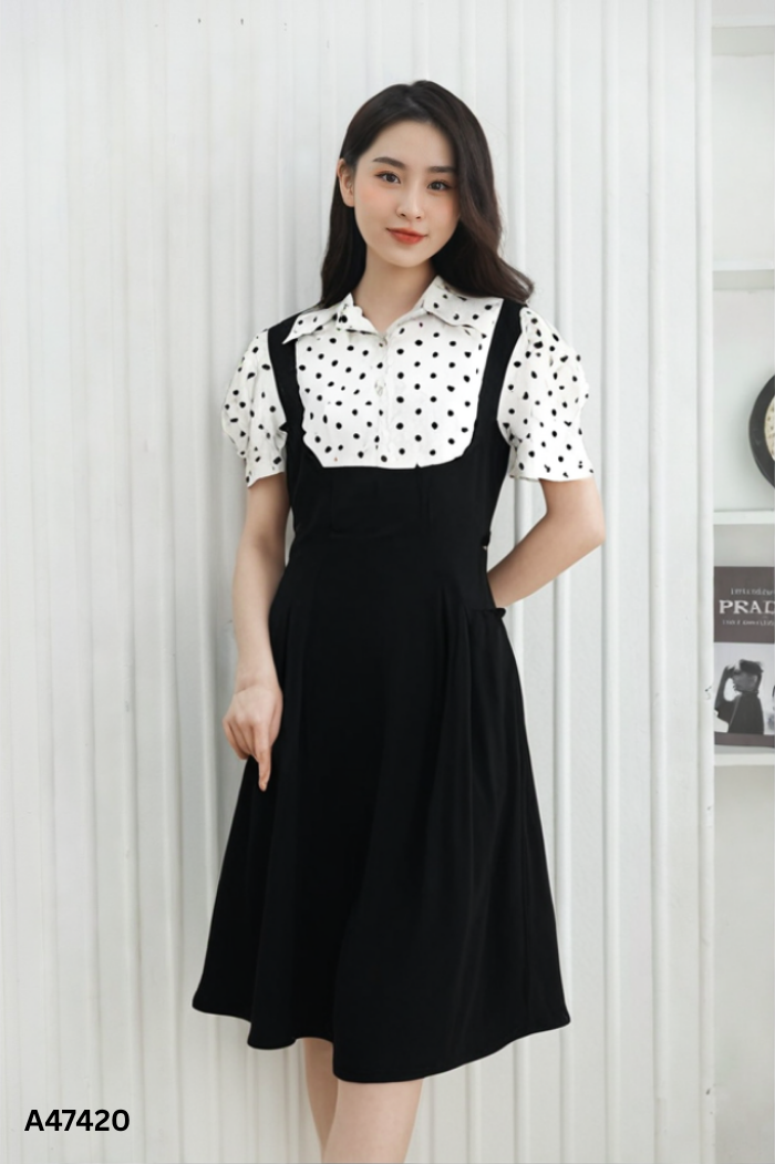 Váy đen phối be chấm bi